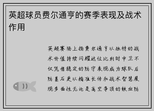 英超球员费尔通亨的赛季表现及战术作用
